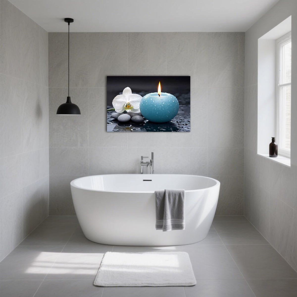 Zen Canvas Wall Art Blue Candle with White Orchid Picture Painting Framed Artwork Poster for Yoga Meditation Room Spa Bathroom Decor (WE000050-3 / 18"L x 12"W)