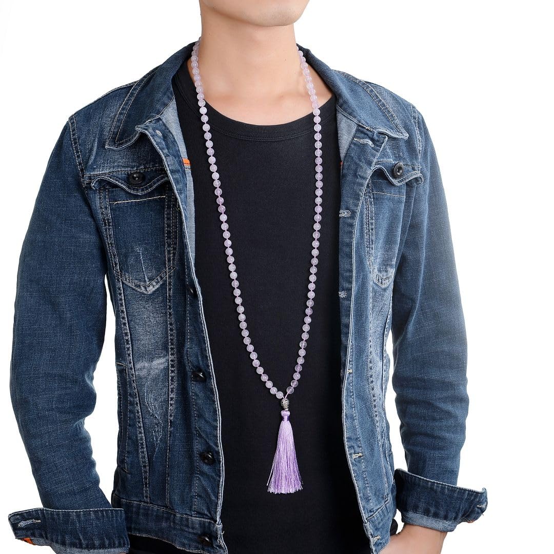 Real 108 Mala Beads 8mm Purple Lavender Jade Stone Beaded Necklace (Lavender Jade)