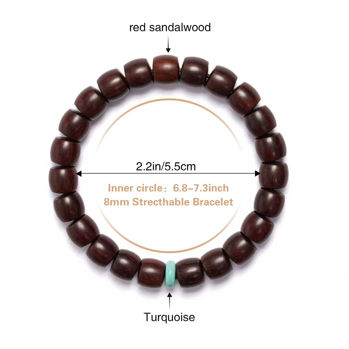 Red Sandalwood Mala Bead Bracelet with Turquoise (Sandalwood + Turquoise)