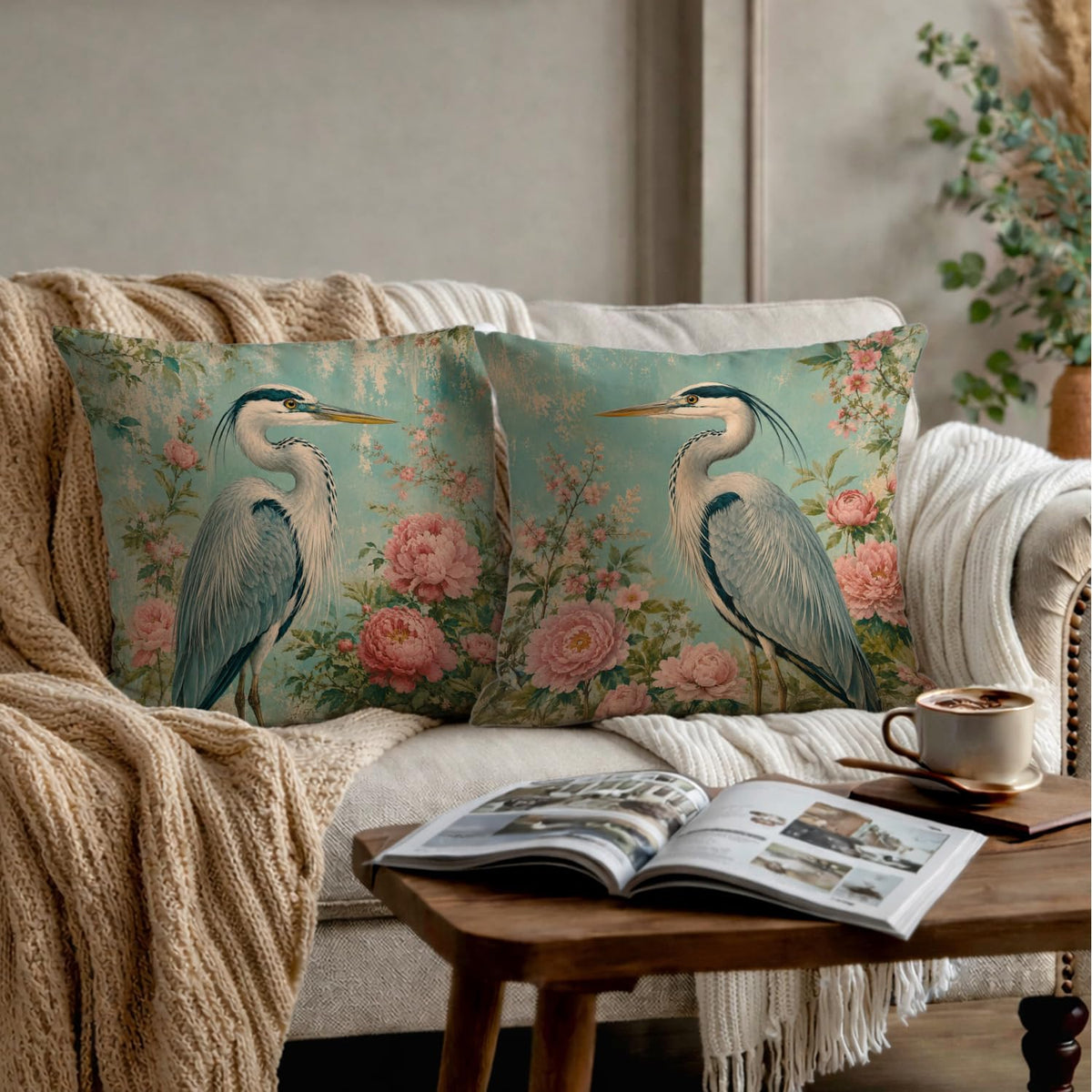 Vintage Pink Peony Floral Heron Bird Pillow Cover 18x18 Set of 2 (White-blue Heron Bird Set 2)