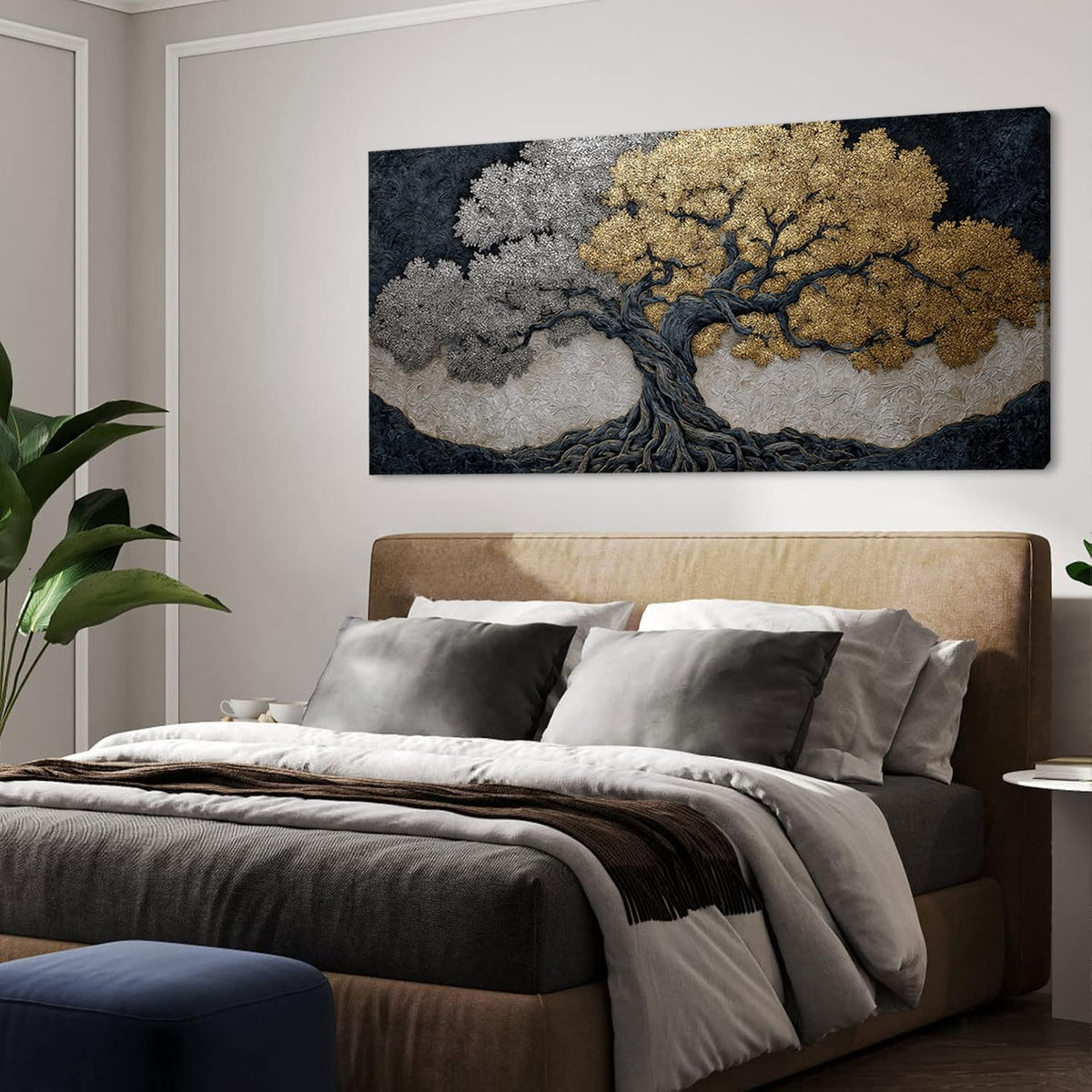 Gold Tree Wall Art for Living Room Office Symbolic dichotomy Metallic Tree of life Painting Prints Modern Abstract Canvas Artwork Dining Bedroom Decor Extra Large (Modern / Silver Gold Tree of life Wall Art / 58L" x 28W")