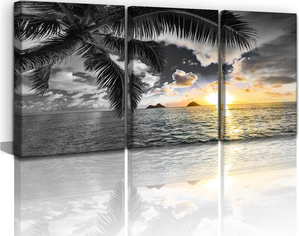 Black and White Sunset Beach Canvas Wall Art Bathroom Coastal Wall Decor Ocean Prints Art Seascape Pictures Palm Painting Artwork for Living Room Bedroom Decor Office Home Decoration (BAbesH3 / 12"x16"inches x 3 pcs)