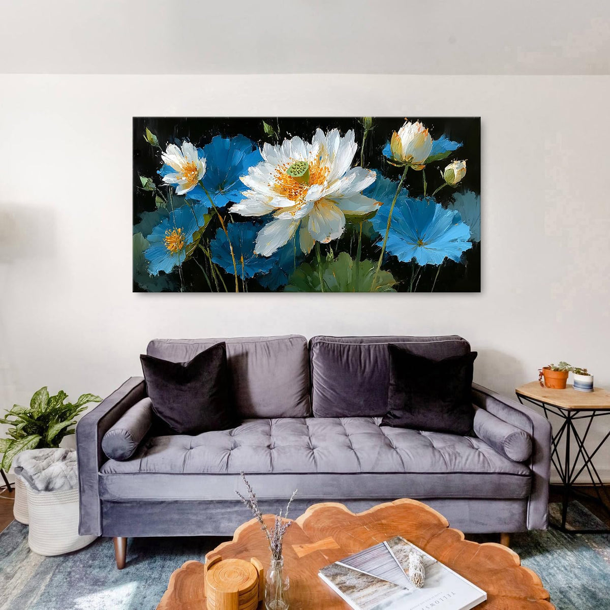 Large Abstract Lotus Flower Canvas Wall Art for Living Room Vintage Floral Picture Boho Decor Blue and White Zen Lotus Painting Meditation Room Artwork Poster Kitchen Office Decorations 30x60” (60"L x 30"W / Blue Lotus)