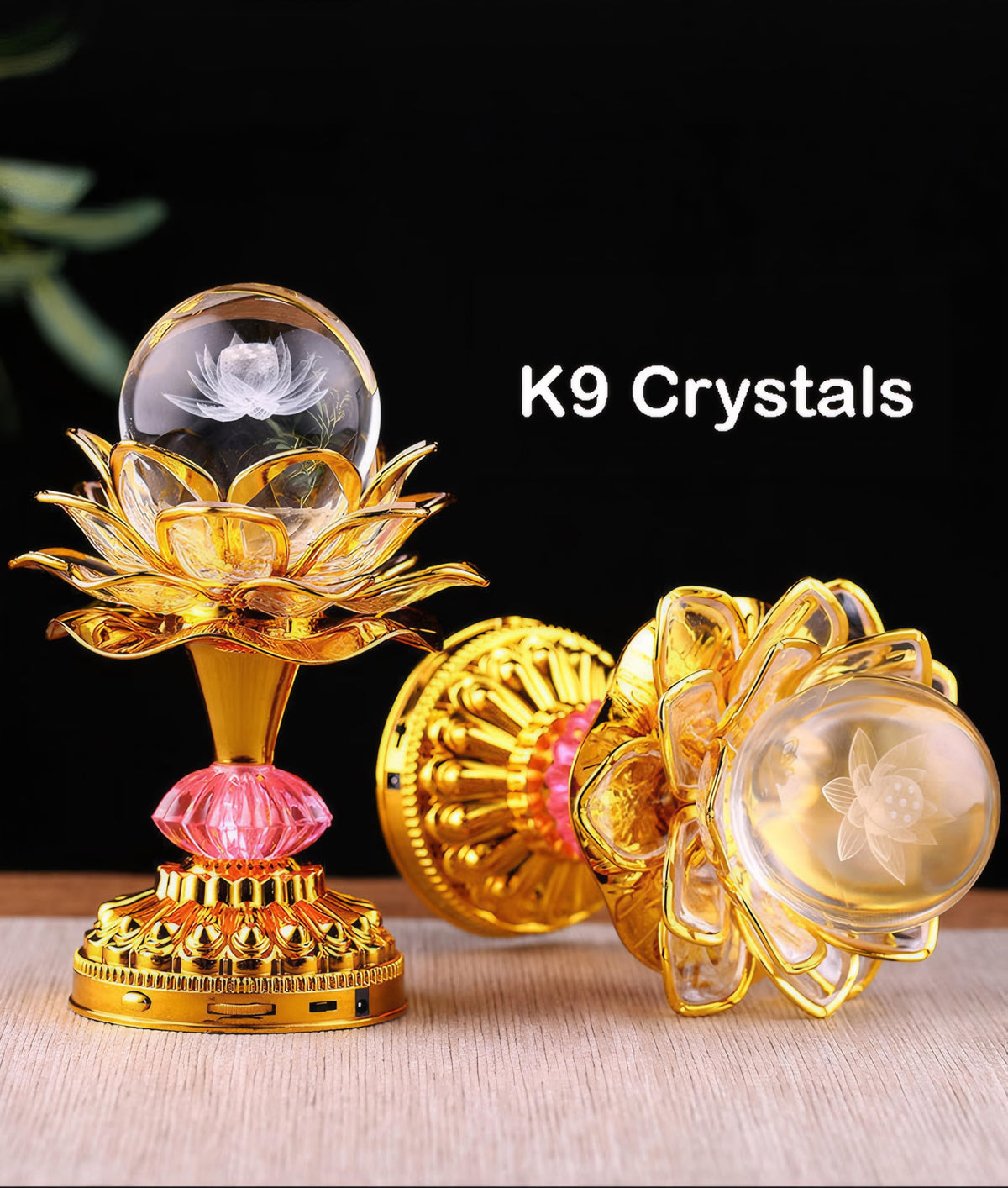 Colorful LED Crystal Ball Lotus Buddhist Lamp (Pale Gold)