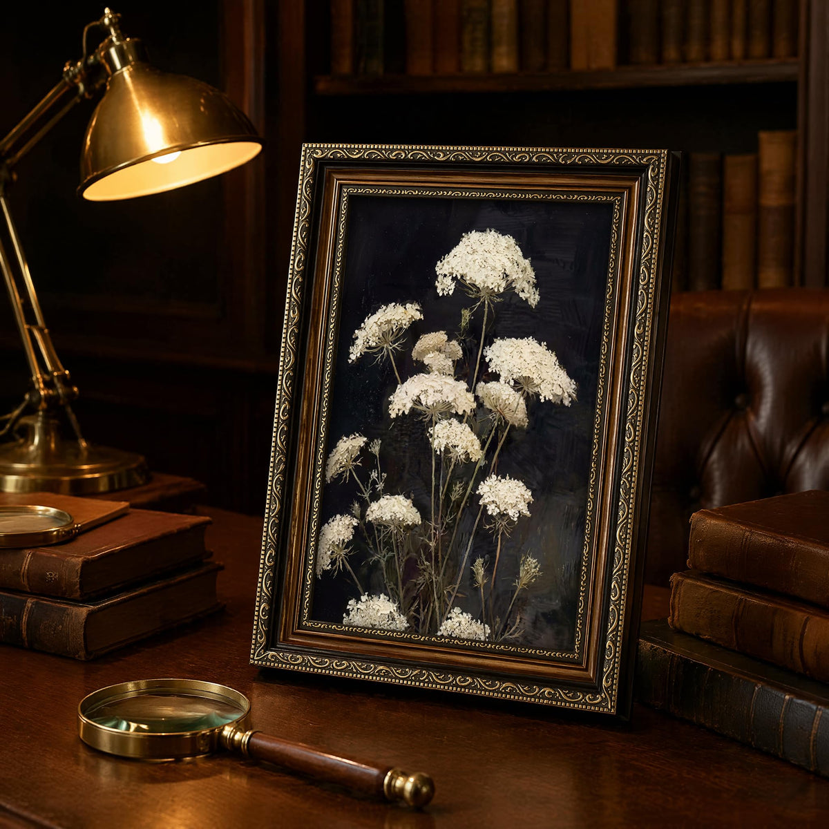 Vintage Queen Anne's Lace Framed Wall Art Moody Botanical Print Wall Decor (Radish Flower 2 / 11"L x9"W)