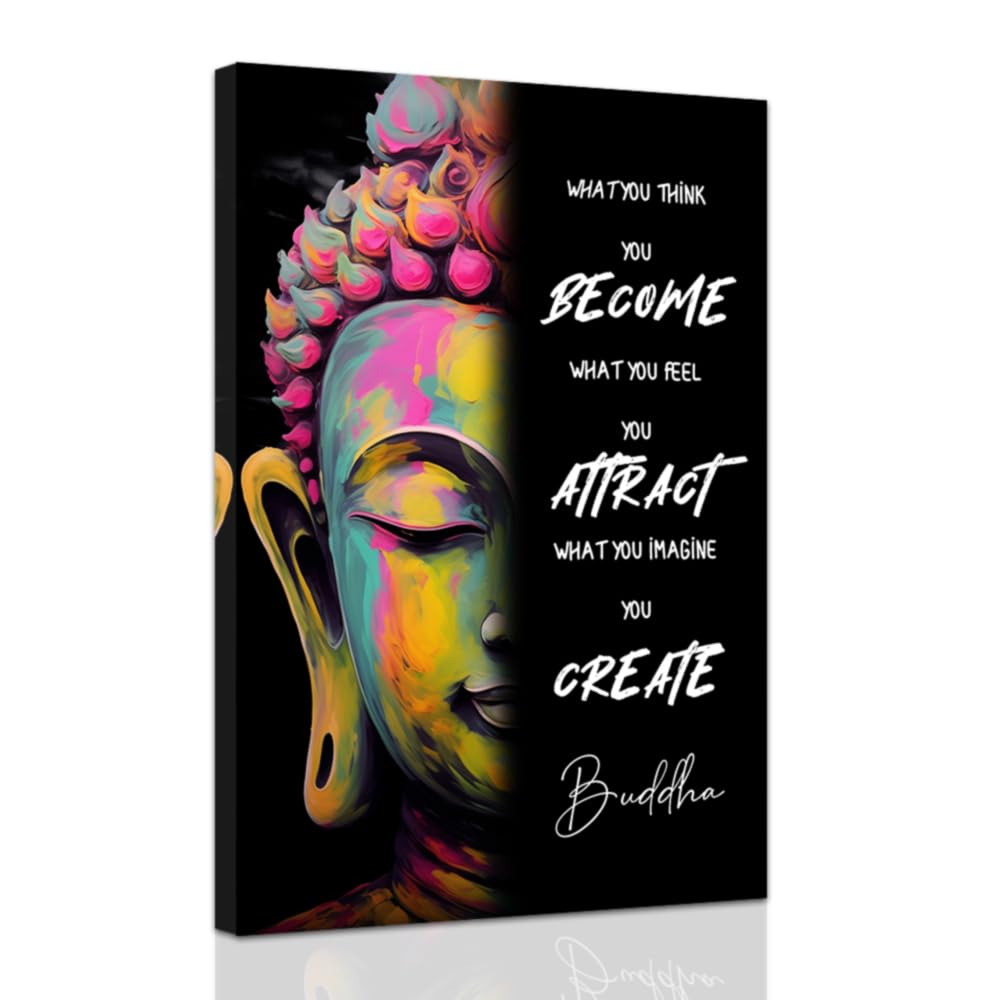 Buddhist Motivational Wall Art Buddha Quotes Canvas Pictures Zen Bathroom Painting Spa Artwork Prints for Yoga Room Office Decor Framed (Black / 24" x 36")