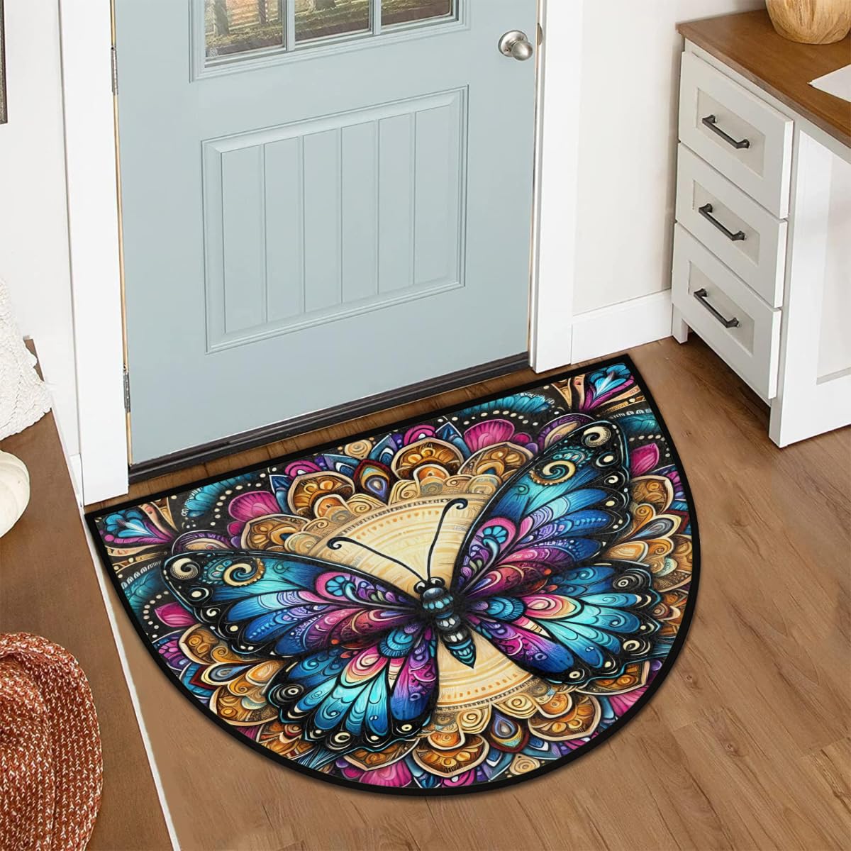 Half Round Doormat Butterfly Boho Colorful Semi Circle Rug Non Slip Indoor Outdoor Entrance Half Moon Rug Washable Front Floor Mat for Kitchen Bathroom Patio Fireplace Holiday Decor (B06:butterfly Boho)