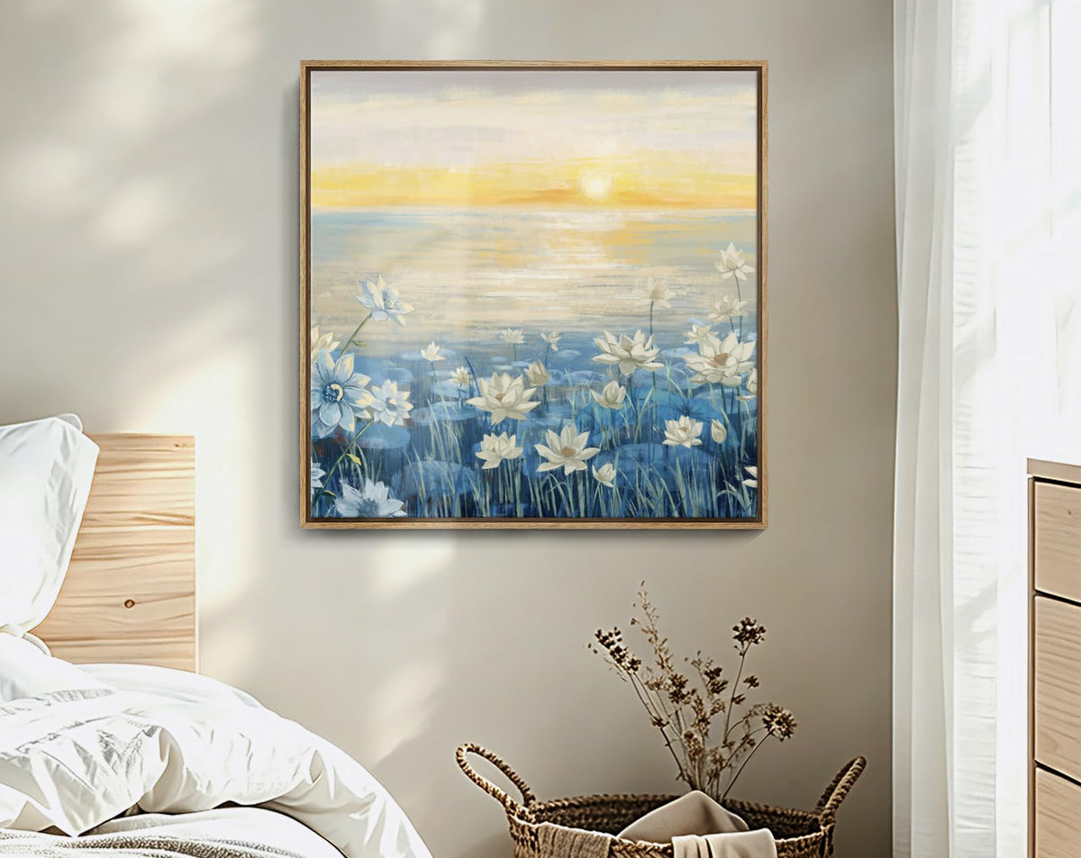 Bathroom Decor Wall Art Framed Canvas Wall Art Modern Beach Coastal Floral Sunset Boho Ocean Artwork Blue Yellow Lotus Flower Zen Wall Picture for Bedroom Kitchen Office Small (Sunrise Wall Art / 13.5"L x 13.5"W)