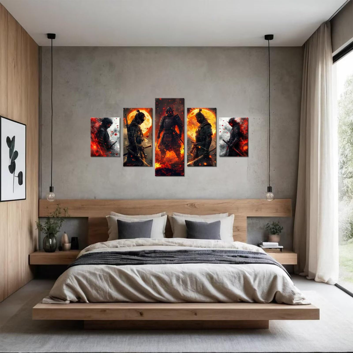 Japanese Pictures Japan Samurai Painting Warrior Figure Theme Anime Wall Art Canvas Print Bushido Posters Artwork for Bedroom Bathroom Office Living Room Home Decor Framed 5 Piece 60''W x 32''H (60"Wx32"H / Samurai 5P-29)