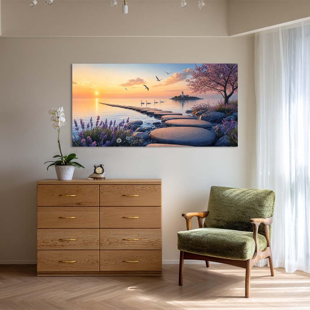 Tranquil Sunset Seascape Canvas Wall Art Stepping Stones to Island Lighthouse Painting Flat Print Spring Cherry Blossom Lavender Picture Gallery Wrapped Artwork for Living Room Bedroom Bathroom Decor (Coastal / Lavender Lighthouse Sea 38 / 46"L x 23"W)