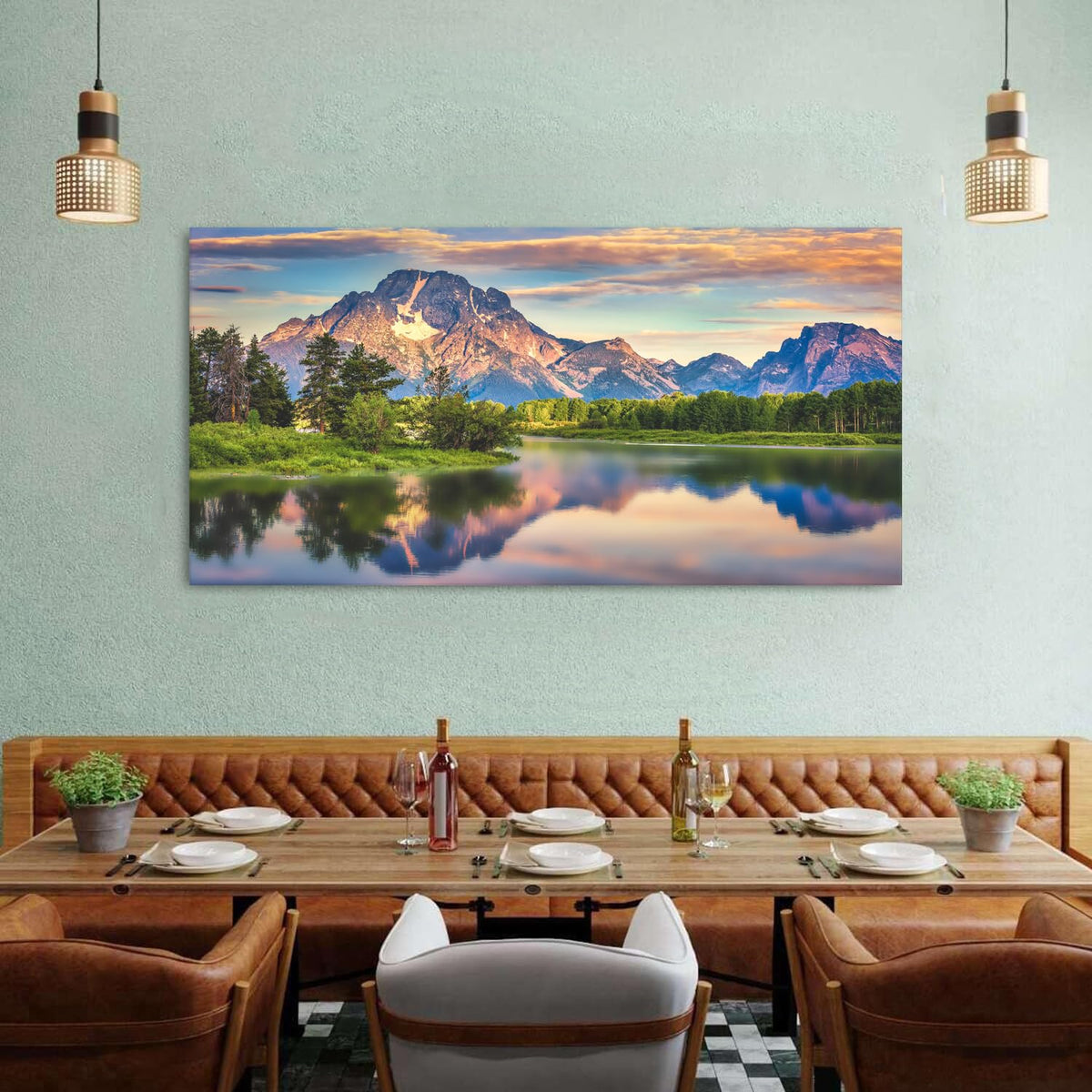 Grand Teton National Park Wall Art Mountain Lake Scenic Panoramic Canvas Wall Decor for Living Room Sunrise Nature Prints Bedroom Vintage Forest Landscape Posters Artwork Office Home Decoration 30x60" (57.8"L x 30"W / Wyoming Mountain)