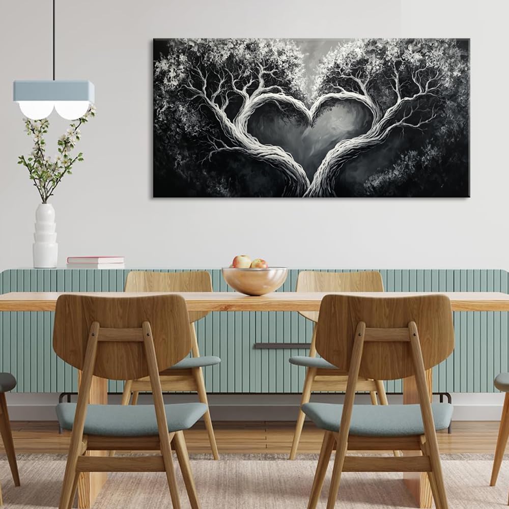 White Oil Painting Heart Tree Wall Art for Living Room Office Romantic Art Love Symbol Painting Prints Vintage Canvas Artwork Dining Bedroom Decor Large (Contemporary / Black White Heart Tree Wall Art / 46"L x 23"W)