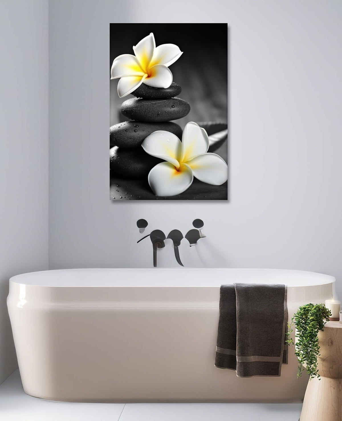 Zen Wall Art Black and White Picture Canvas Print Spa Stone Painting Frangipani Flower Poster Minimalism Artwork for Spiritual Room Bathroom Living Room Office Home Decor (18"L x 12"W / E - Black and White)