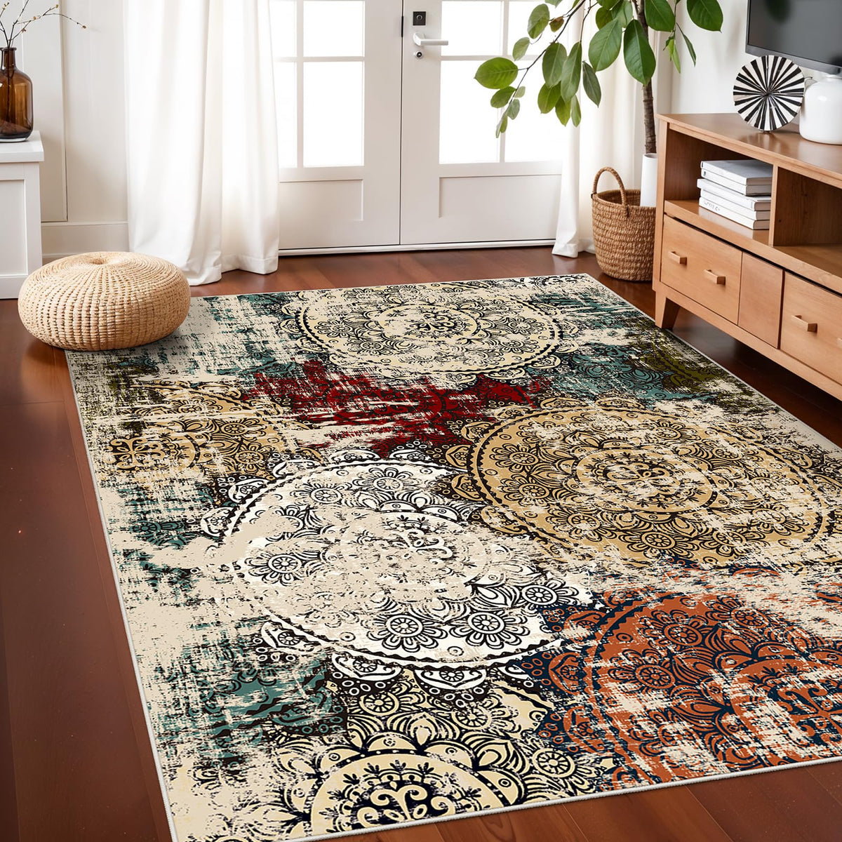 Washable 4x5 Area Rug Abstract (Red/Green/Multi / 4' x 5' (Rectangular))
