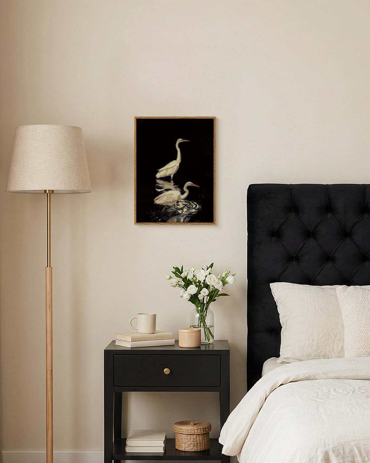 Elegant Heron Crane Wall Art Framed 12''x16'' Canvas Print (Two Cranes in Water / 16"L x 12"W)