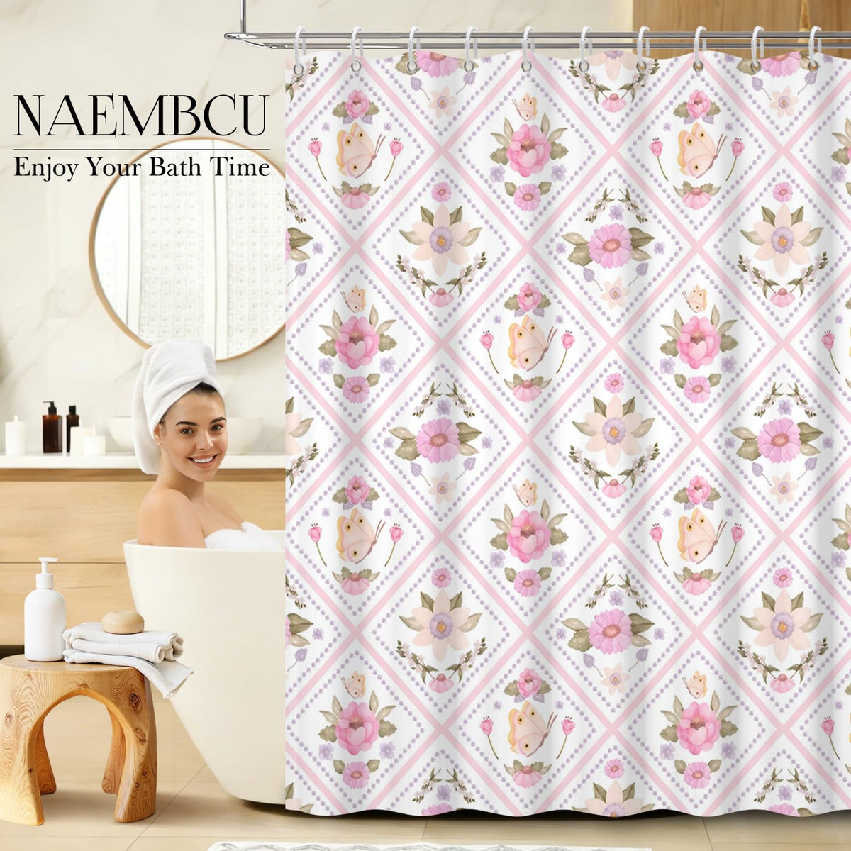 Pink Floral Shower Curtain 71x74 Inch (Floral-l)