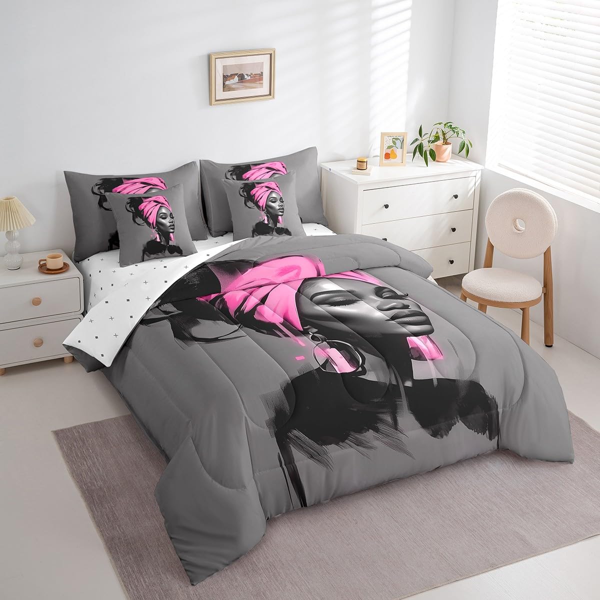 Black Women Comforter Set with Sheets Twin Size African American Woman 7 Piece Bedding Set All Season Teens Pink Abstract Bed in A Bag Breathable Soft Lightweight Modern Room Decor (Light Gray Pink / Twin)