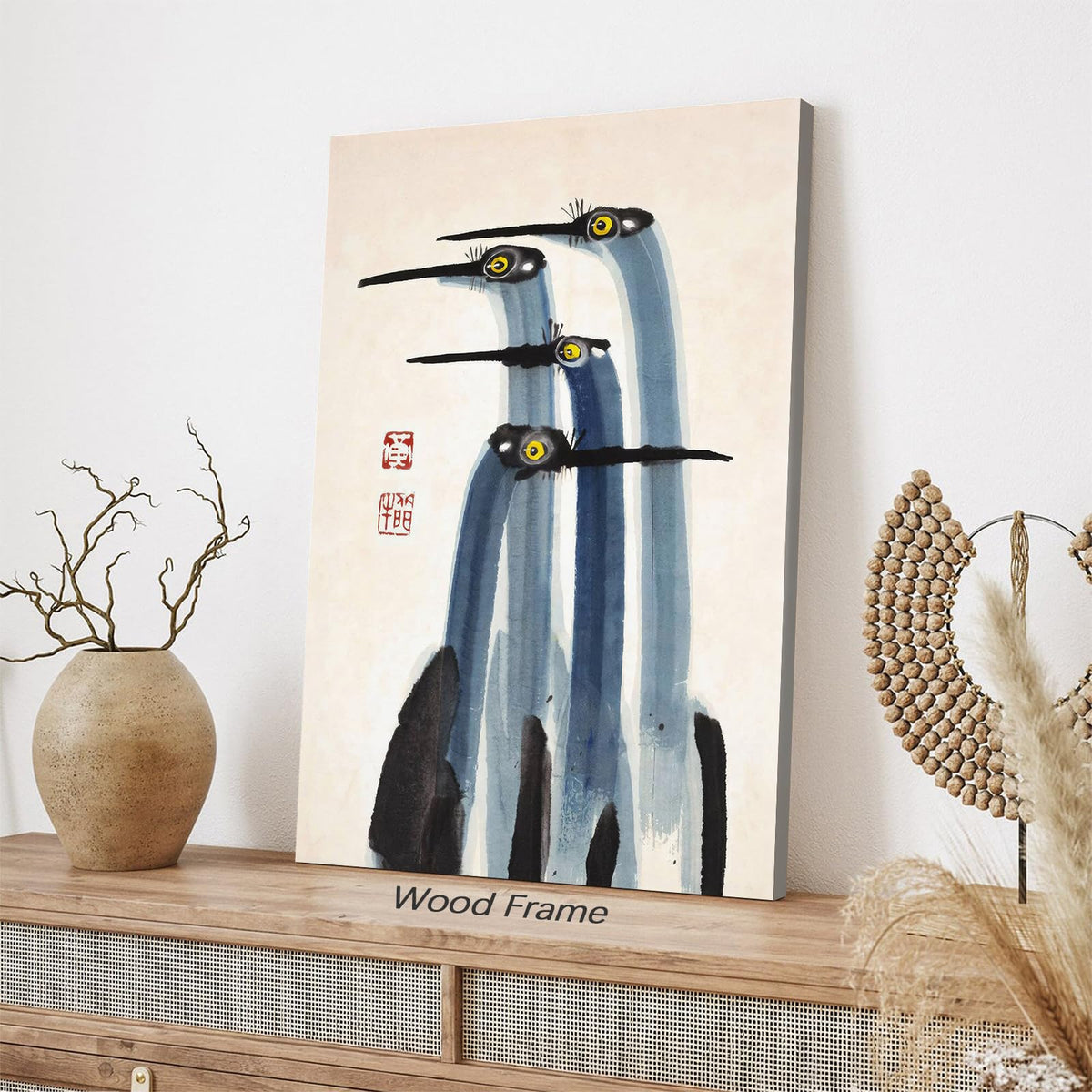 Vintage Japanese Crane Framed Poster Antique Asian Bird Canvas Wall Art 16x24 inch Blue Minimalist Animal Watercolor Prints for Country Farmhouse Wall Decor for Living Room Study Office Ready to hang (Wrapped Canvas / Japanese Decor / 24"L x 16"W)