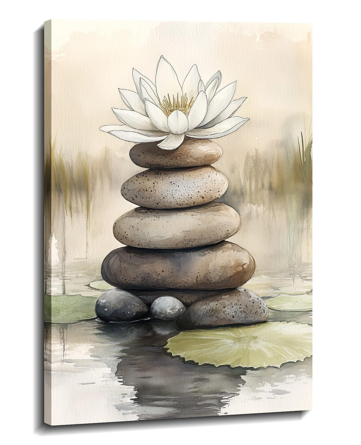 Large Zen Wall Art Lotus with Spa Stones Picture Watercolor Painting Meditation Canvas Prints Spiritual Room Bathroom Living Room Office Wall Decor Framed (42"L x 28"W / K - Lotus)