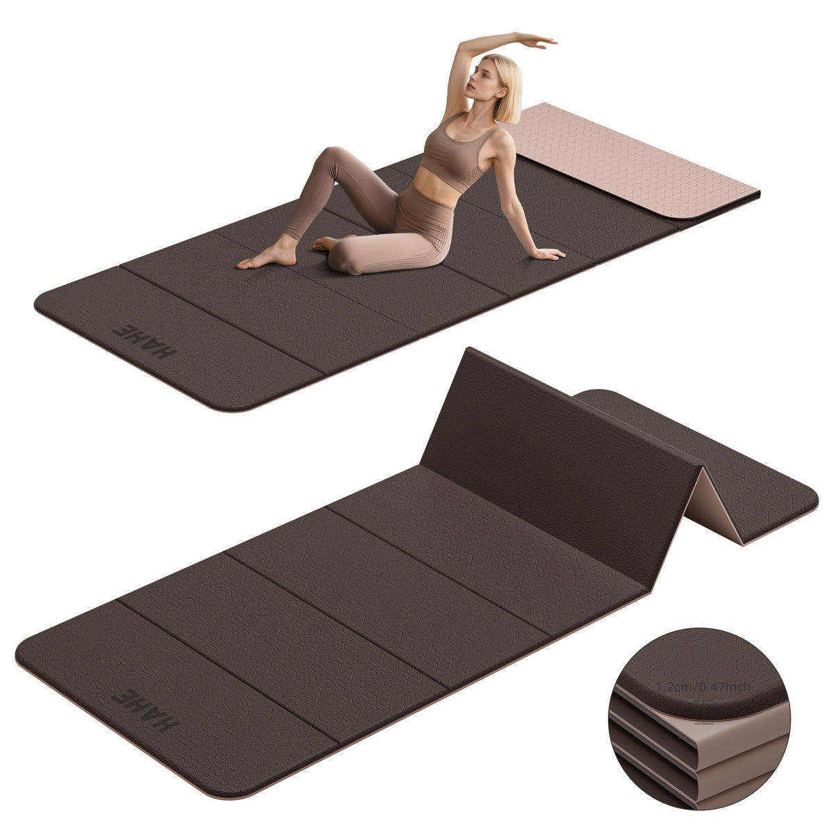 7 Fold Design Extra Thick Yoga Mat 72"L x 24"W x 0.47" (Brown & Beige)