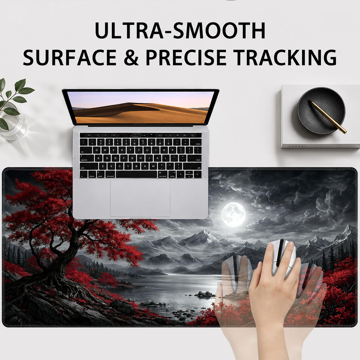 Red Tree Mountains Large Gaming Mouse Pad Desk Mat Extended Mousepad (Red maple tree at night / 35.4L x 15.7W inches)