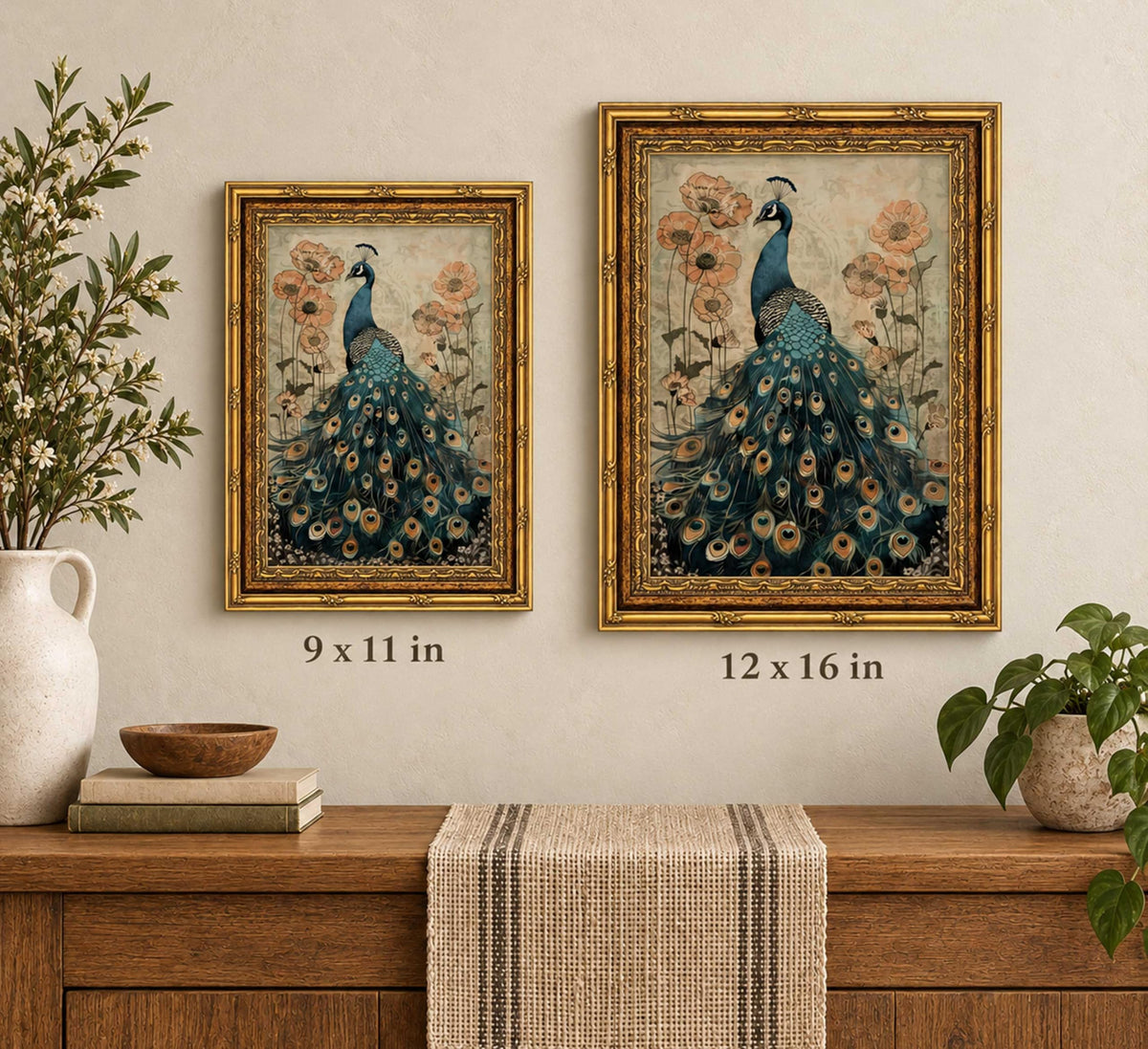 Vintage Gold Framed Peacock Poppy Canvas Wall Art (Peacock / 16"L x 12"W)