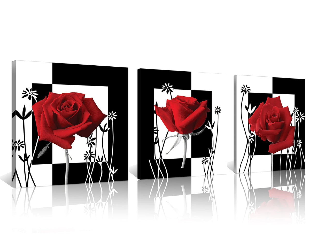 Canvas Print 3 Pcs Black and White Red Rose Canvas Art Painting Abstract Wall Art Decorations Flower Picture on Canvas for Home Decor Stretched and Framed (20 x 20 inches (3-Piece Set) / rose2)