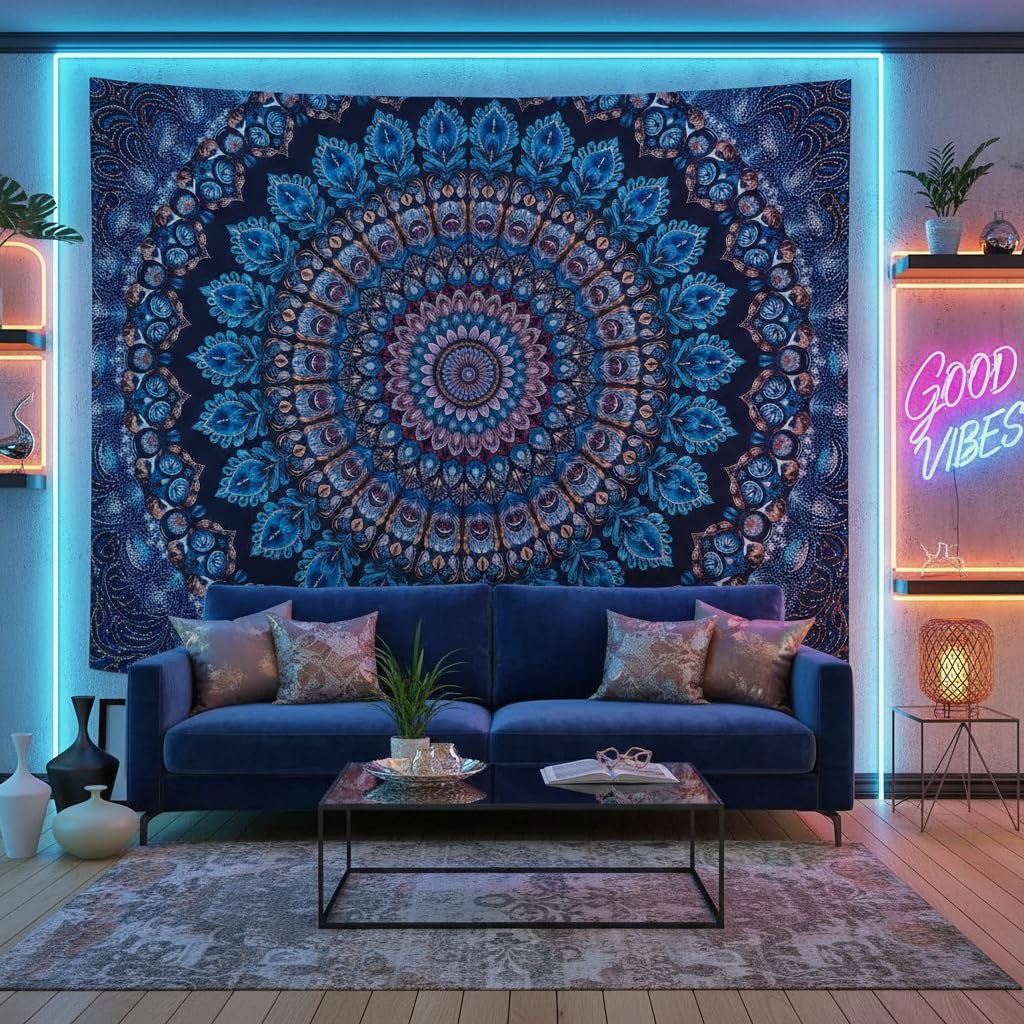 Blue Mandala Tapestry Wall Hanging Vintage Medallion Tapestry Aesthetic Hippie Boho Floral Cool Cute Large Tapestries for Bedroom Living Room Dorm Wall Decor 80 x 60 Inch (Bohemian / Navy Blue / 80"L x 60"W)