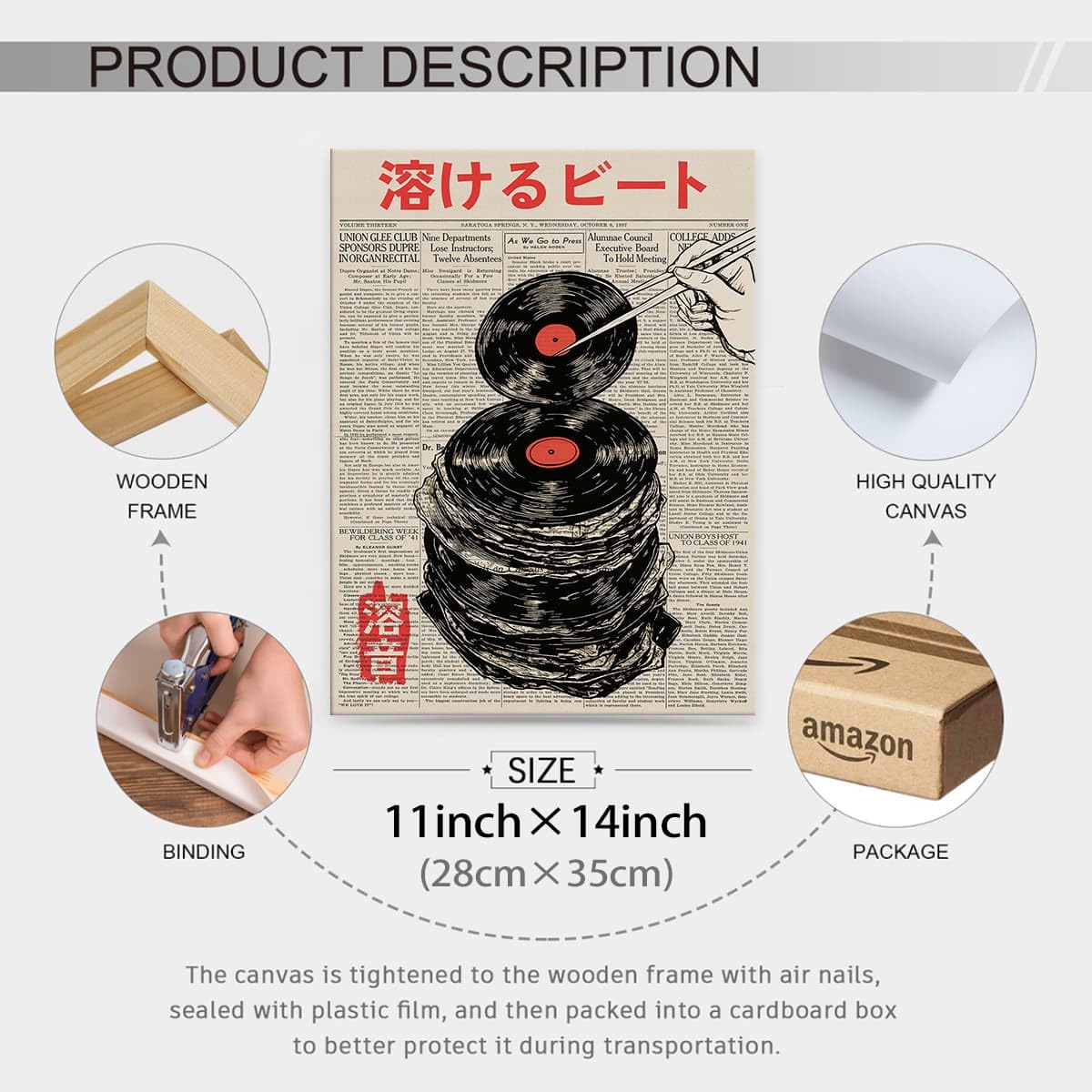 Framed Wall Art Retro Japanese Newspaper Music Prints Posters 11x14in Vintage Vinyl Records Asian Ukiyo (Wrapped Canvas / Japanese Art 008 / 14"L x 11"W)