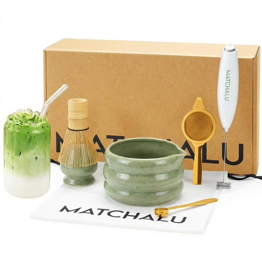 Matcha Whisk Set With Ceramic Matcha Bowl (Mottled Green)