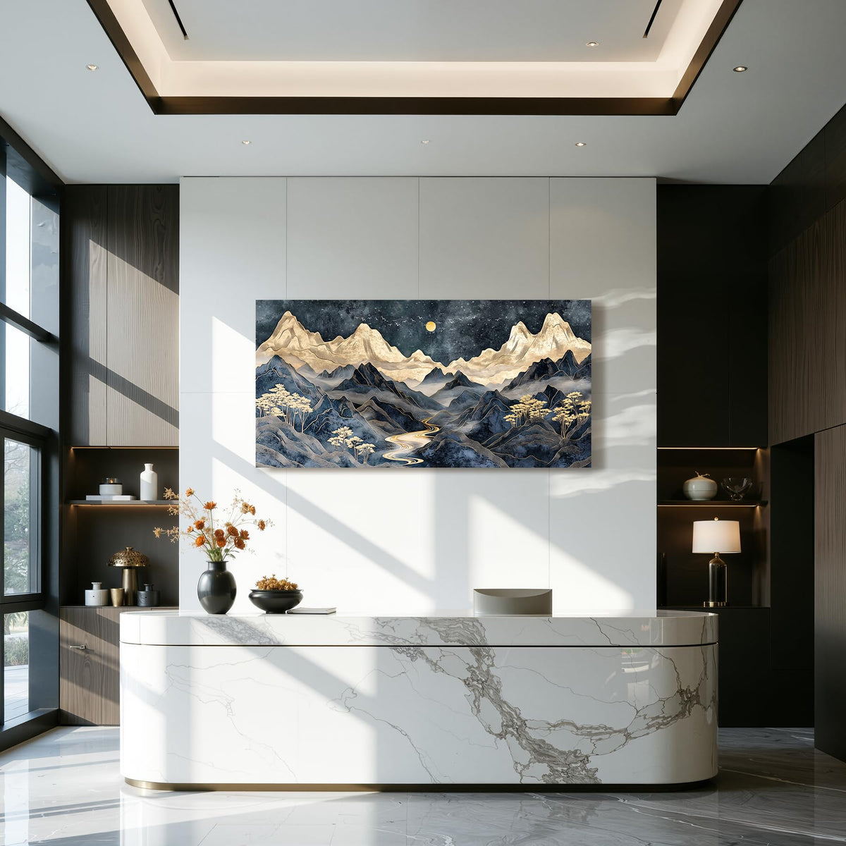 Modern Luxury Mountain Large Wall Art Office Wall Decor Black Gold (Indigo Golden Mountain / 40"L x 20"W)