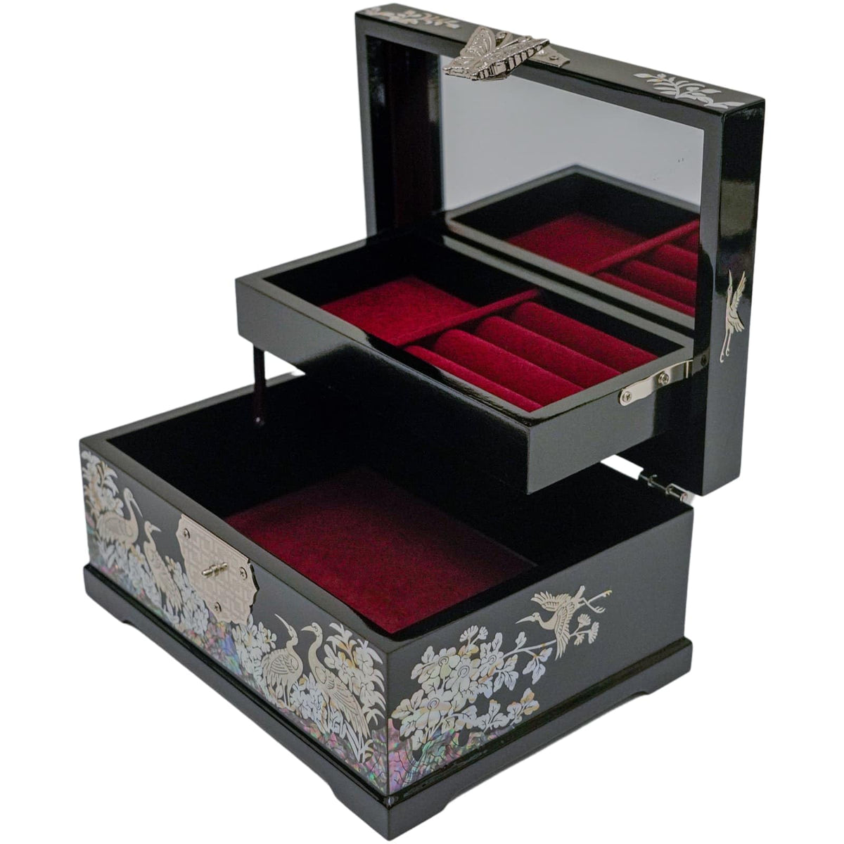 Mother-of-Pearl Crane Jewelry Box | Wooden Make | Two-Layer Velvet Interior | Mirror Lid | Lacquer Finish | Handmade Korean Art | Valentine’s & Mother’s Day Gift (Crane)