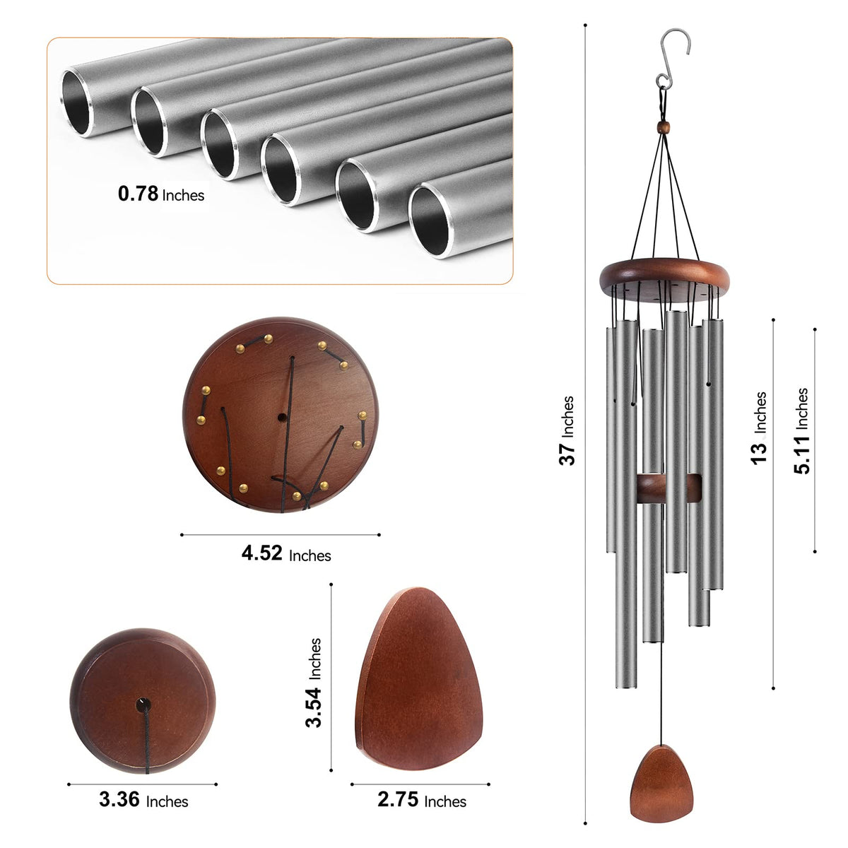 37" Silver Grey Large Aluminum Windchimes Outdoors (Silver Grey)