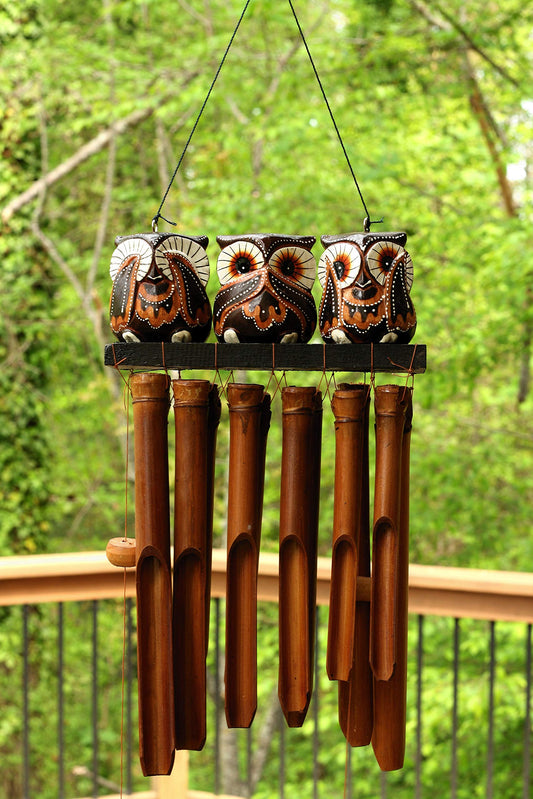 Handmade Wooden Owl Bamboo Wind Chime Wood Statue Figurine Hoot Sculpture Art Decorative Rustic Patio Garden Outdoor Decor Handcrafted Decoration (See Hear Speak No Evil Owls Chime)