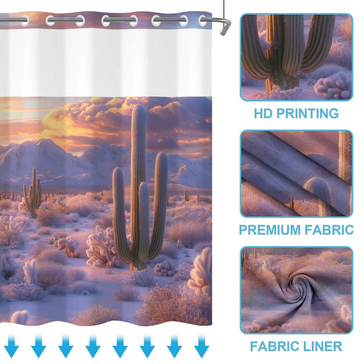 No Hook Shower Curtain with Snap in Liner Set Cactus Desert Shower Curtains Purple Nature Landscape with Mountain and Plant Waterproof Fabric Washable Double Layers 71x74 Inch (Purple)