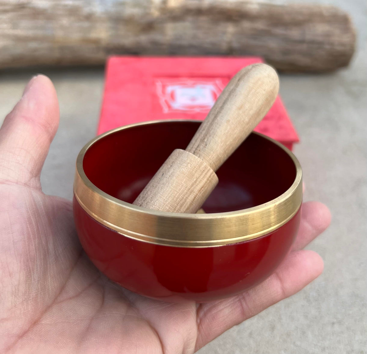 Tibetan Root Chakra Premium Palm Size Singing Bowl Gift Box Set (Red)