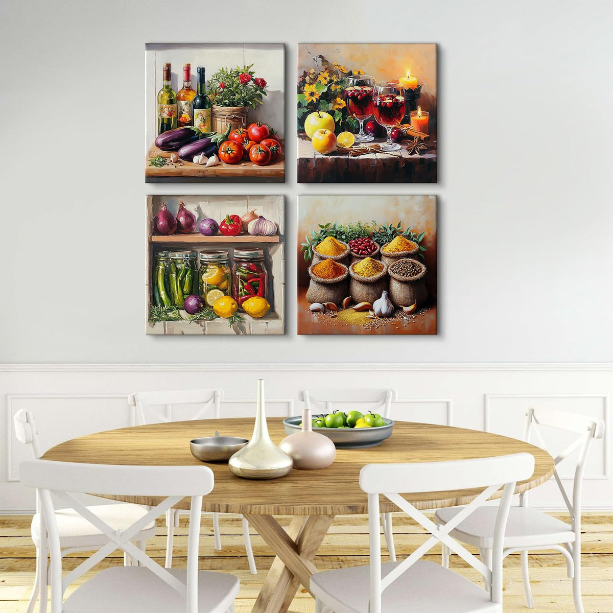 Kitchen Wall Decor Mason Jar Wall Art Spices Food Canvas Prints Kitchen Ingridients Picture Rustic Still Life Painting Vintage Healthy Vegetables Poster Artwork Dining Room Home Decoration 20x20" 4Pcs (20"L x 20"W / Retro Kitchen Decor)