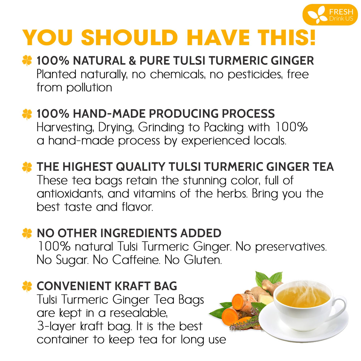 Premium 55 Tulsi Turmeric Ginger Tea Bags (55 Count)