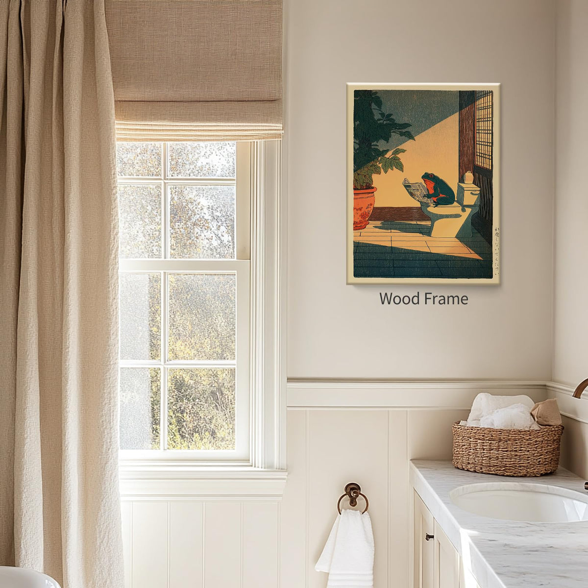 Japanese Frog Framed Wall Art Cute Animal Canvas Print Funny Frog On The Toilet Reading Newspaper Posters 24x36 inch Vintage Japan Painting Decor for Oriental Asia Bathroom Restroom Ready to hang (Wrapped Canvas / Japanese Frog / 36"L x 24"W)