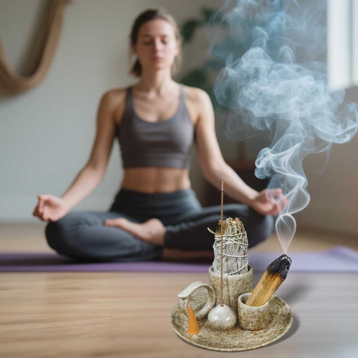 5 in 1 Ceramic Tabletop Incense Burner Holder for Palo Santo (Brown)