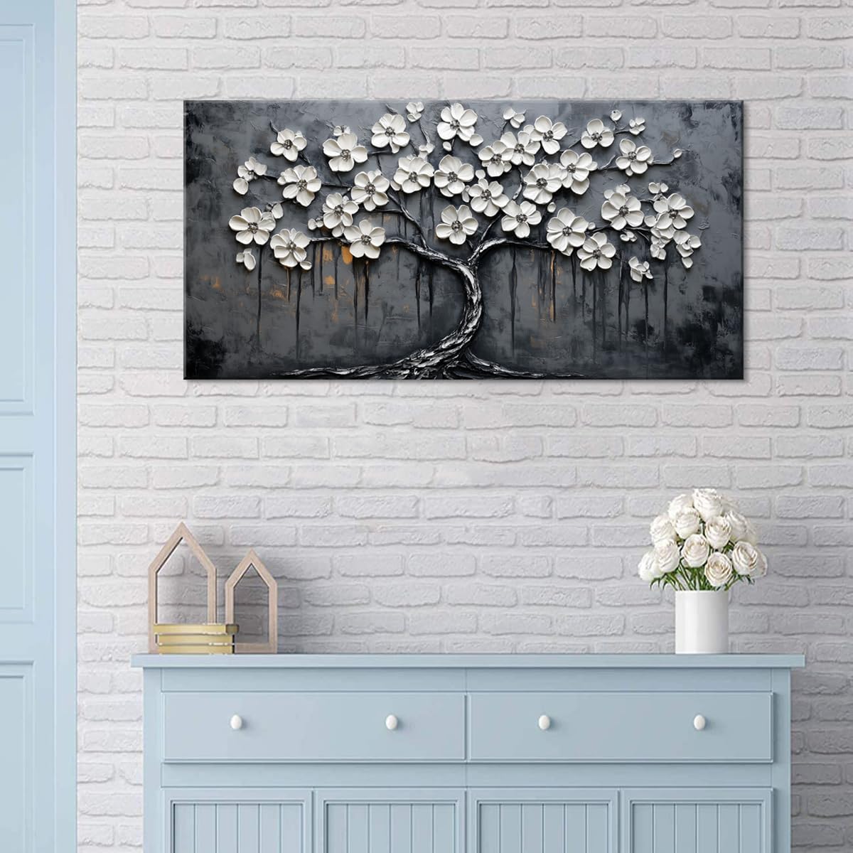 White Cherry Blossom Tree Wall Art for Living Room Office Floral Relief Modern Abstract Tree of life Painting Prints Sculptural Canvas Artwork Dining Bedroom Decor Large (Abstract / White Black Cherry Blossom Tree Wall Art / 46L" x 23W")