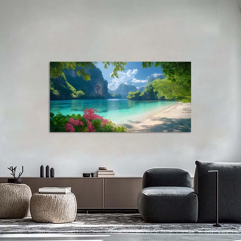 White Tropical Lagoon Beach Wall Art Art Deco Painting Prints Canvas (Coastal / White Lagoon Beach 105 / 46"L x 23"W)