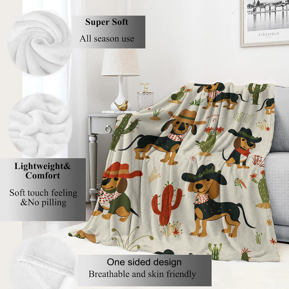Cowboy Dachshund Blanket Retro Cute Western and Cactus Throw Blankets (40x50in / Dachshund)