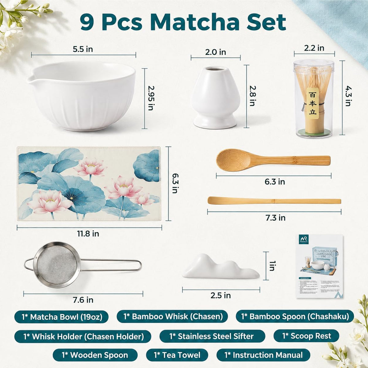 White Matcha Whisk Set 9 Pcs (White)