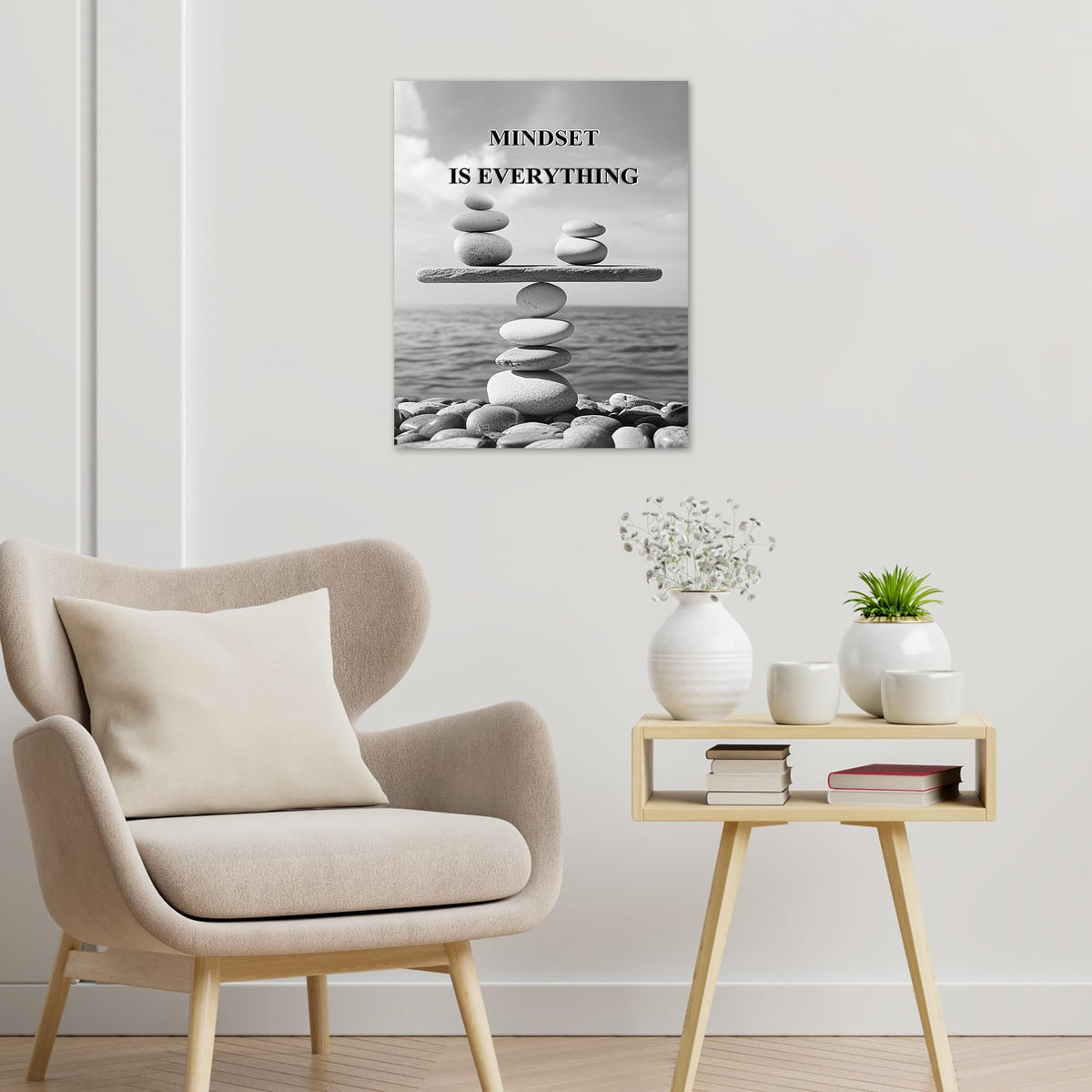 Mindset Motivational Wall Art Prints Zen Stone Inspirational Canvas Wall Art for Bathroom Bedroom Living Room Spiritual Black and White Canvas Paintings Spa Yoga Ofiice Wall Decor (16"L x 12"W / Grey)