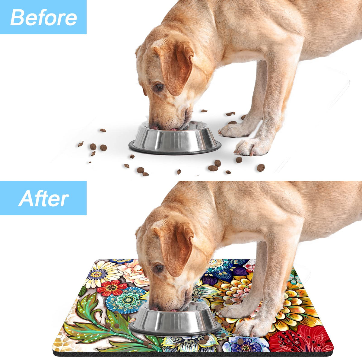 Dog Food Mat 12" x 19" Flower Absorbent Dog Cat Bowl Mat for Food and Water (Colorful Mandala / 19"L x 12"W)
