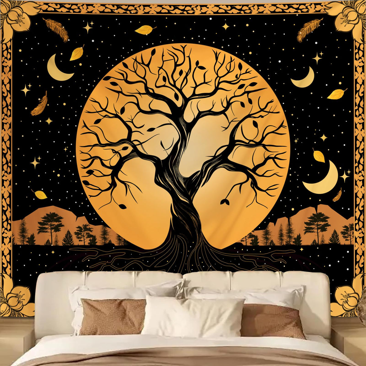 Tree of Life Tapestry for Bedroom Aesthetic (Orange Tree of Life Tapestry / 60"L x 51"W)