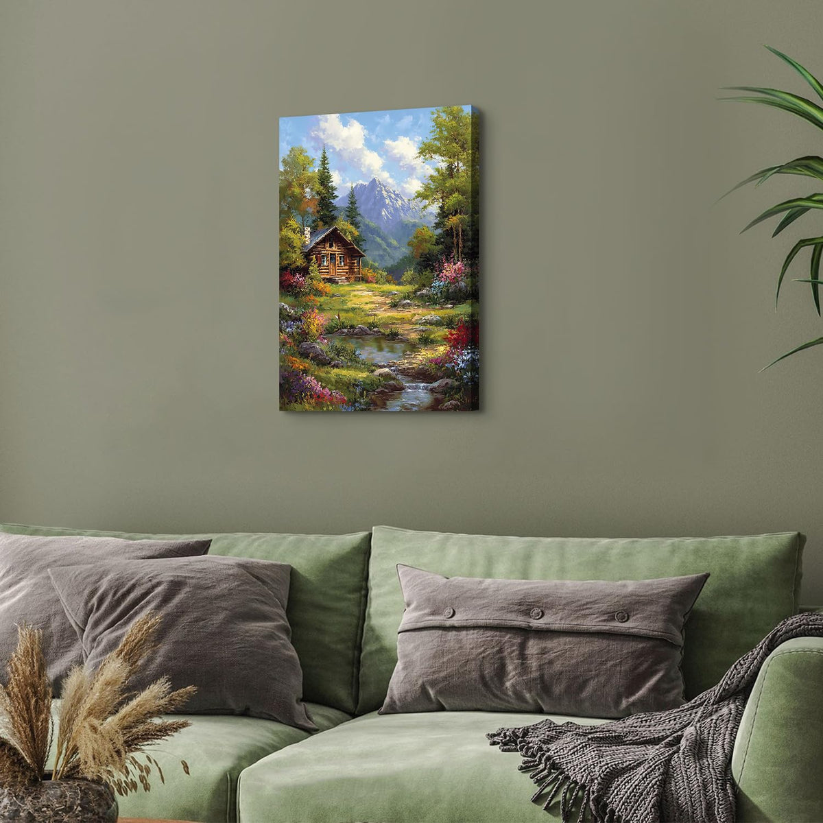 Mountain Froest Wall Art Nature Batonical Canvas Prints for Living Room Natural Landscape Painting Poster Colorful Wildflower Pictures Green Trees Canvas Artwork for Bedroom Home Decorations 16x24" (24"L x 16"W / Wooden House)