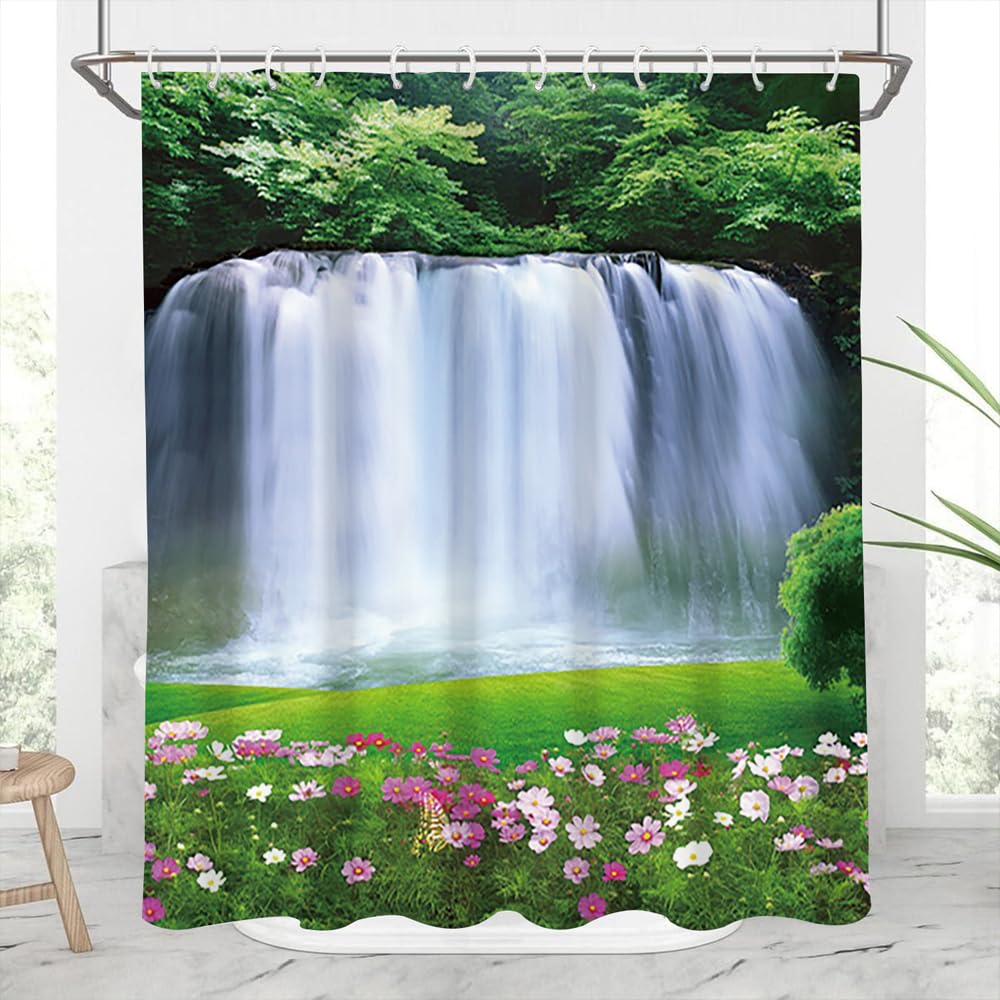 Spring Scenery Shower Curtain Set Decor Forest View Magnificent Waterfall Landscape Natural Scecery Green Leaves Grass Pink Floral Bath Curtain for Bathroom Decor with Hooks (72"W x 72"L (Pack of 1) / Green03)