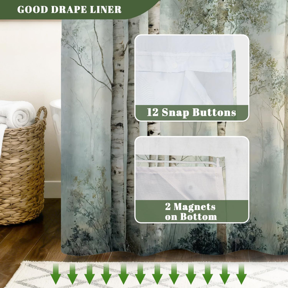 Birch Tree Woodland Shower Curtain with Snap in Liner (Birch Trees)